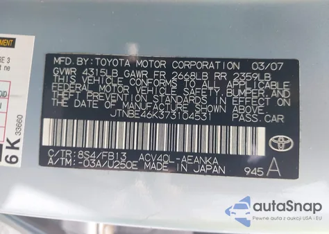 2007 Toyota Camry Ce/Le/Se/Xle from USA, damaged, VIN JTNBE46K373104531